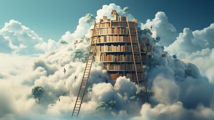 A book ladder is on top of a cloud and the sky is blue. - obrazy, fototapety, plakaty