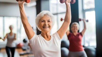 Old aged women lifting weight at the gym, senior movement and recreation, never too old for working out