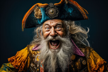 Obraz premium Old man in the whimsical costume of a pirate isolated on a vivid background with a place for text 