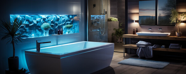Sleek white tiles contrast with glowing blue LED lighting creating a minimalist bathroom sanctuary straight out of the future 