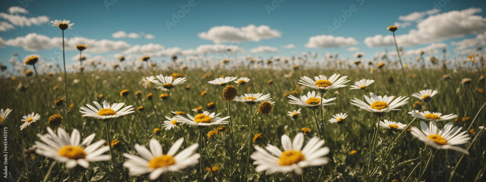 Poster Wild daisies in the grass with a blue sky