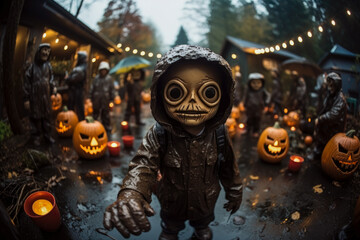 Child in costumes  trick or treating in the suburbs of a city during halloween 
