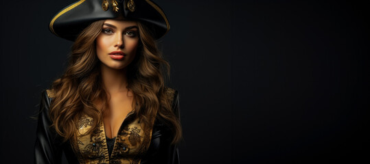 Woman in the daring costume of a pirate isolated on a vivid background with a place for text 
