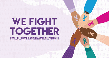 Gynecological Cancer Awareness Month illustration. Main types of cancer cervical, ovarian, uterine, vaginal and vulvar. Teal, purple cancer ribbons. Cancer prevention, women health care poster