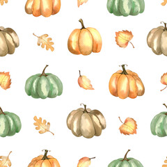 Autumn seamless pattern with orange pumpkins, yellow leaves on a white background. Watercolor print for Thanksgiving, harvest day, autumn farm fair, halloween