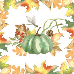 Autumn frame with golden autumn leaves, pumpkins, mushrooms, watercolor background. Botanical illustration. isolated on white. For Thanksgiving, harvest day, autumn farm fair, halloween.