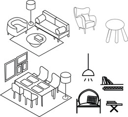 Top view of set furniture elements outline symbol for bedroom, kitchen, dining room and living room. Interior icon bed, chair, table and sofa.