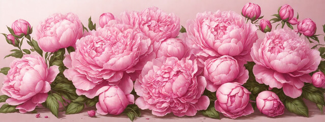 Fresh bunch of pink peonies and roses with copy space - obrazy, fototapety, plakaty