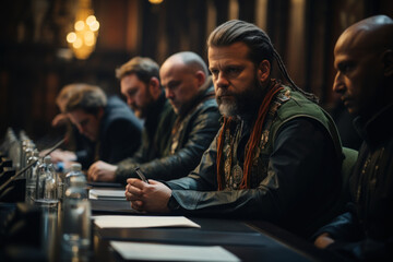 Peacemaker's Dialogue. Diplomats engaged in negotiation at a peace summit, symbolizing the efforts to resolve conflicts through dialogue. Generative Ai.