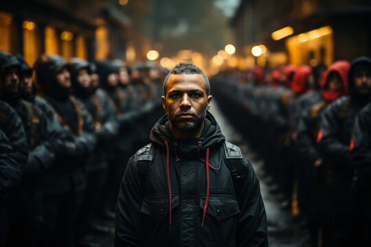 Nonviolent Resistance. Person standing peacefully in front of a line of armed officers, representing the strength of nonviolent protest. Generative Ai.