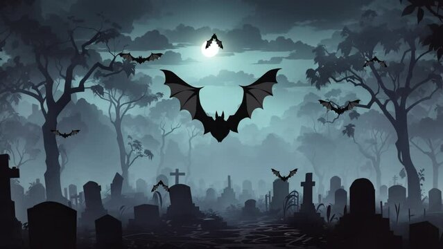 Scena spettrale del cimitero con pipistrelli in volo