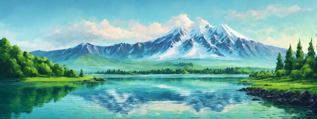 Volcanic mountain in morning light reflected in calm waters of lake.