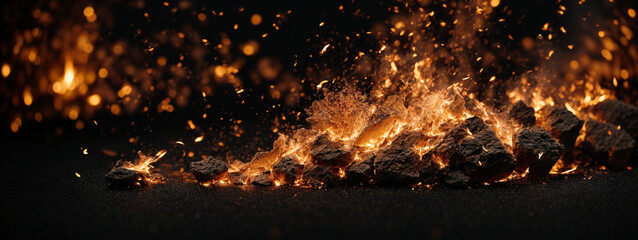 Detail of fire sparks isolated on black background - Powered by Adobe