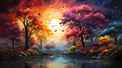 A painting of butterflies and trees background. - obrazy, fototapety, plakaty