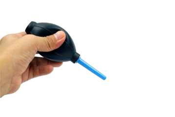 A hand holding an air blower isolated on white background with clipping path, clening concept, PNG