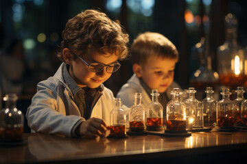 Curious young minds at work, children in lab coats and safety goggles conduct hands-on experiments, embracing the spirit of young scientists. Concept of Young Science Enthusiasts. Generative Ai.