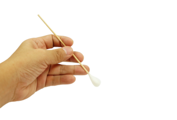 A cotton swab in a hand on white background, cleaning concept for health care, PNG