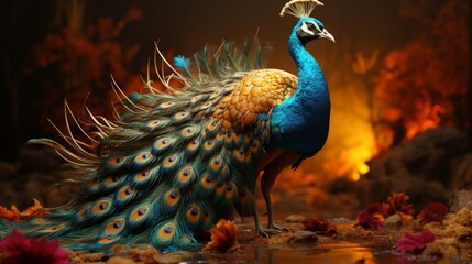 A peacock with a colorful tail is shown background.