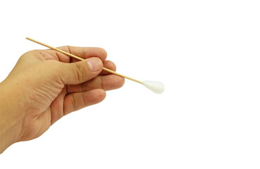 A cotton swab in hand isolated on white background, cleaning concept for health care, PNG