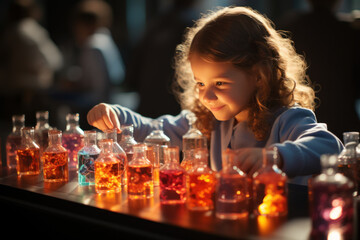 Eager to explore, kids gather around a table filled with beakers, test tubes, and colorful liquids, immersing themselves in scientific discovery. Concept of Exploratory Chemistry. Generative Ai.