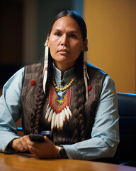 A Native American in traditional attire is deeply focused on political work in a business setting. Ideal for illustrating diversity in politics, indigenous representation, and professional focus.