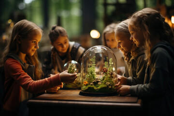 Children gather around a terrarium, learning about ecosystems and the delicate balance of plants and organisms. Concept of Ecosystem Discovery. Generative Ai.