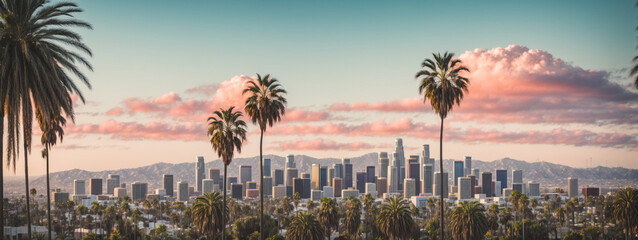 Los Angeles skyline with palm trees in the foreground - obrazy, fototapety, plakaty