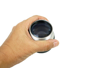 A hand was holding camera lens isolated on white background, clipping path included, vintage concept, PNG