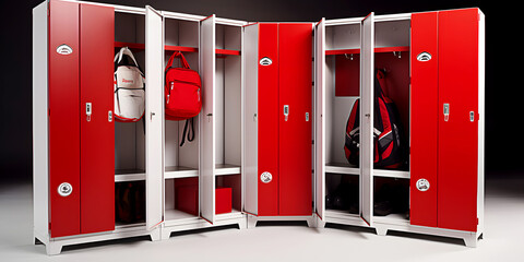 Dressing room with red locker of college or university sports team.