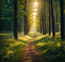 Road in dark forest, sunlight, lush greenery and grass