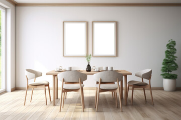 Fototapeta premium The interior of a modern kitchen and living room with a dining table and frames on the wall