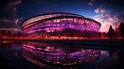 A stadium with a purple roof and lights that says the world cup on it. - obrazy, fototapety, plakaty