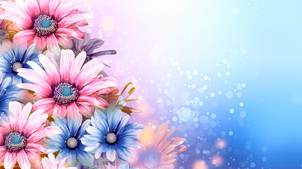 Obraz premium Flower arrangement with copy space. Template greeting card base design. Floral banner, poster, blurred background.