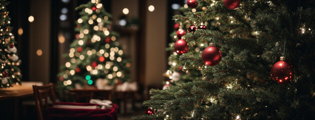 Fototapeta na wymiar Festive Christmas tree with decorations, lights, and 