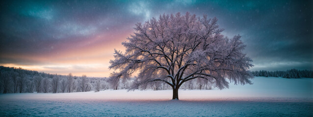 Obraz premium Beautiful tree in winter landscape in late evening in snowfall