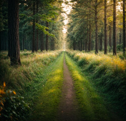 Obraz premium Road in dark forest, sunlight, lush greenery and grass