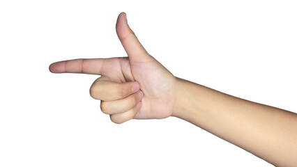 Women hand holding something on white background.