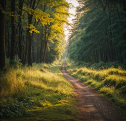 Fototapeta premium Road in dark forest, sunlight, lush greenery and grass
