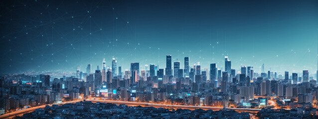Cityscape with graphic of network concept