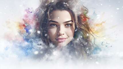 watercolor winter snow beautiful  portrait of a beautiful woman