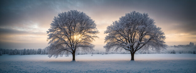 Fototapeta premium Beautiful tree in winter landscape in late evening in snowfall