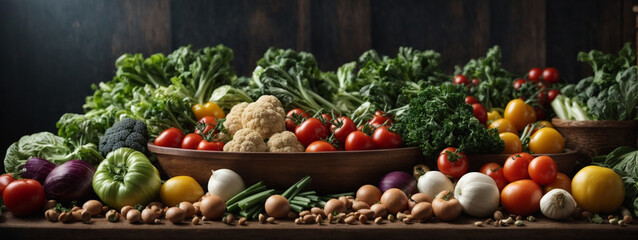Naklejka na ściany i meble Food background with assortment of fresh organic vegetables