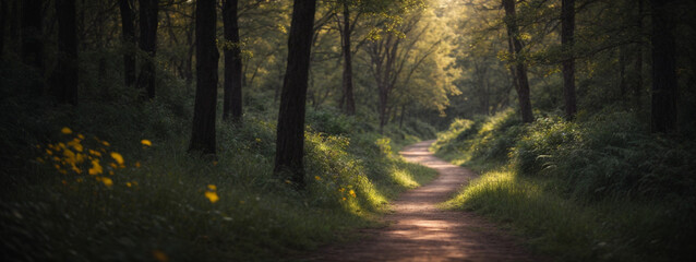 Naklejka premium Road in dark forest, sunlight, lush greenery and grass