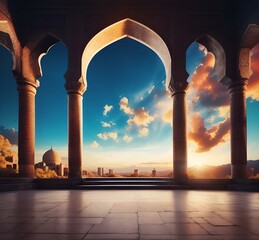 Fototapeta premium Arches overlooking cityscape at sunset