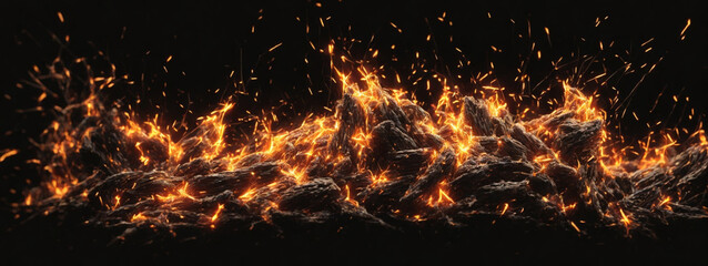 Detail of fire sparks isolated on black background - obrazy, fototapety, plakaty