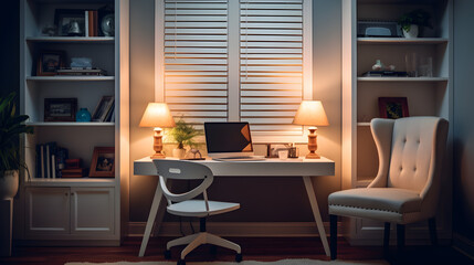 Cozy minimalist home office with soft serene ambiance. Modern interior design. Workplace, work-life balance, harmony. Laptop, desk and char furniture. AI generative.