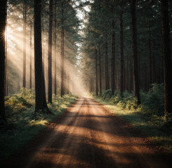 Obraz premium Road in dark forest, sunlight, lush greenery and grass