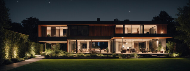 Modern house with garden at night