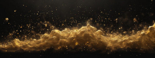 Abstract magic gold dust background over black. Beautiful golden art widescreen background - obrazy, fototapety, plakaty