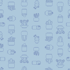 vector seamless pattern with cactus Blue monochrome, cute design , lineart, graphic ,flat, fabric for kids apparel and bedding